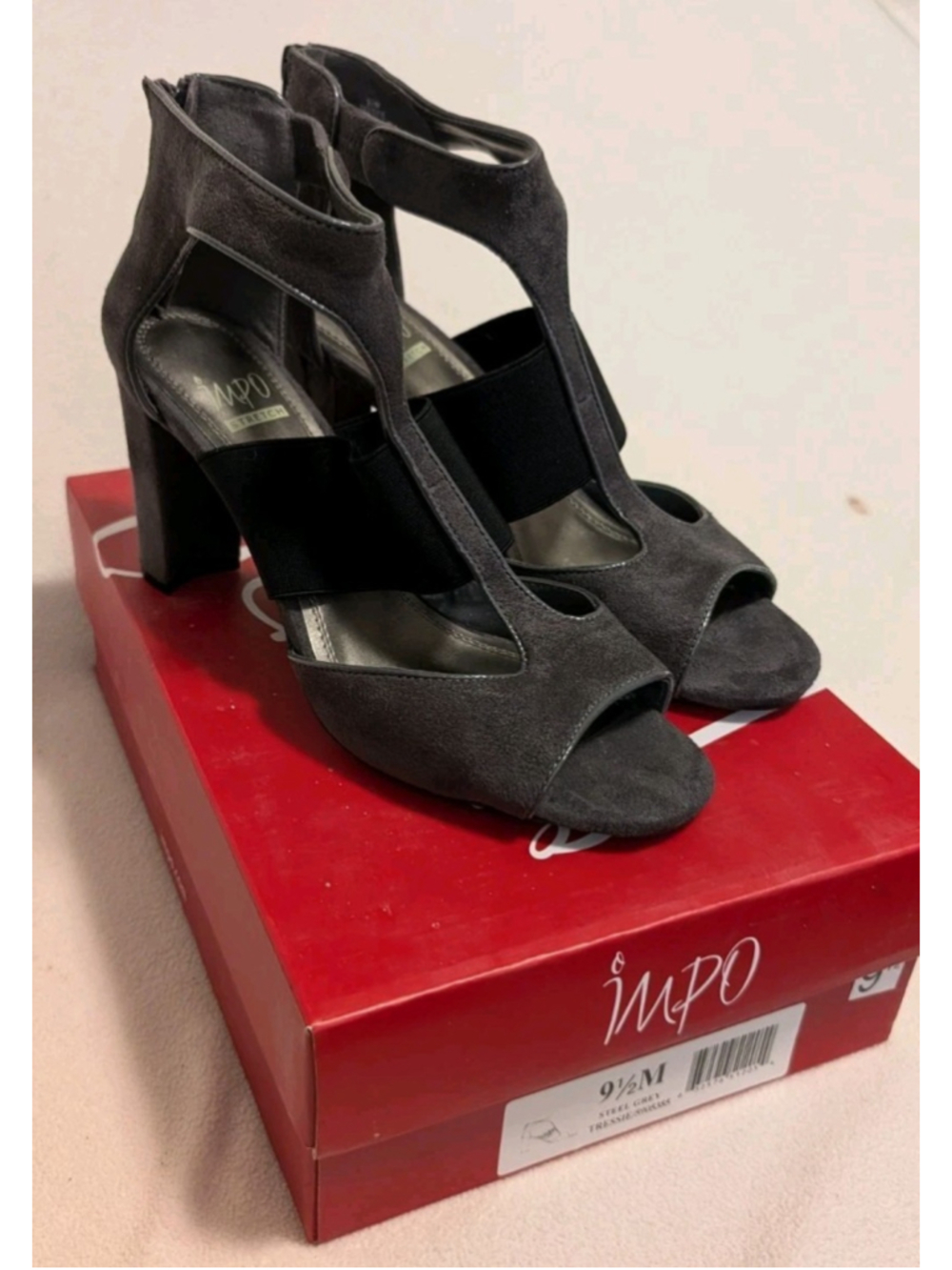 IMPO Tressie Steel Grey Suede Open Toe Block Heels Size 9.5M N21